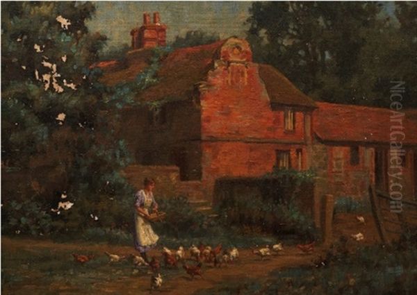 Young Lady Feeding Chickens Oil Painting by William Hounsom Byles