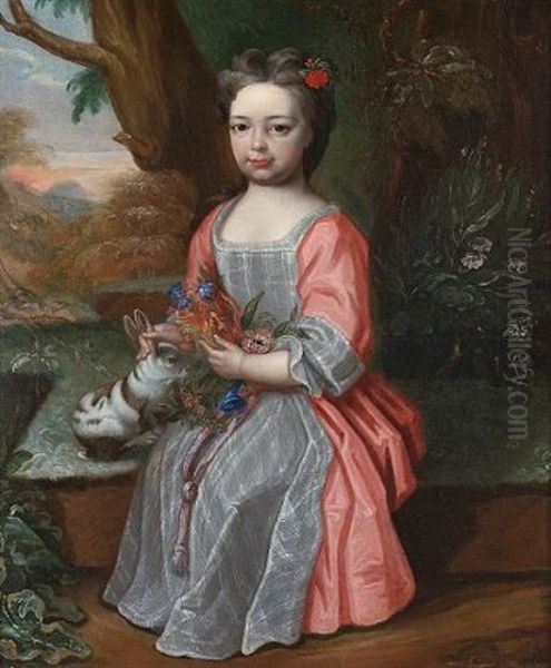 Portrait Of Young Girl In A Pink Dress, Holding A Posy Of Flowers, A Rabbit At Her Side, A Landscape Beyond Oil Painting by Edward Byng