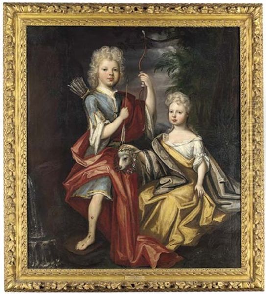 Double Portrait Of William And Mary Levinz, The Former In A Blue Costume, The Latter In A Yellow Dress, Her Right Hand Resting On A Lamb Oil Painting by Edward Byng