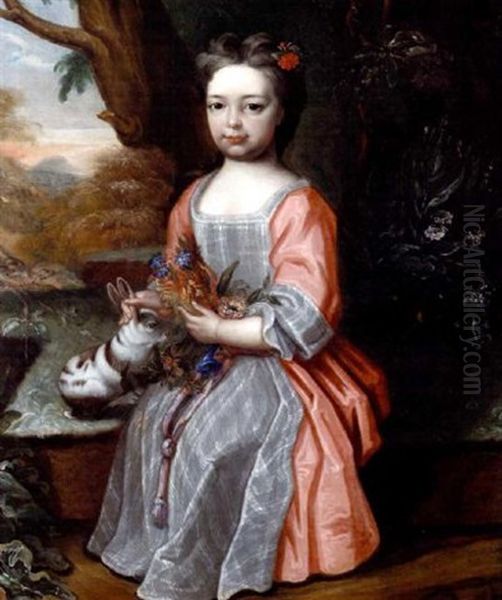 Portrait Of Young Girl In A Pink Dress, Holding A Posy Of Flowers, A Rabbit At Her Side, A Landscape Beyond Oil Painting by Edward Byng