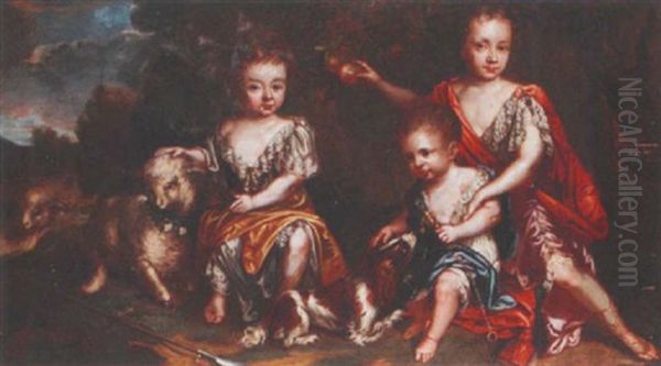 Portrait Of Three Young Children Seated In A Landscape, One With A King Charles Spaniel, The Other Petting A Lamb Oil Painting by Edward Byng