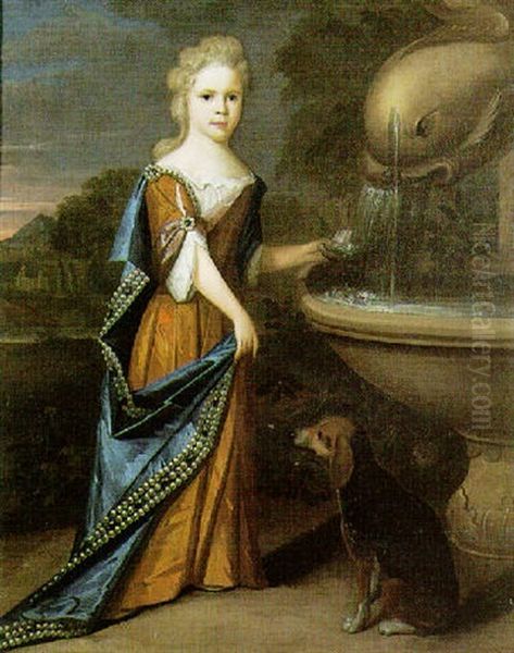 Portrait Of A Lady By A Fountain, A Dog At Her Side Oil Painting by Edward Byng