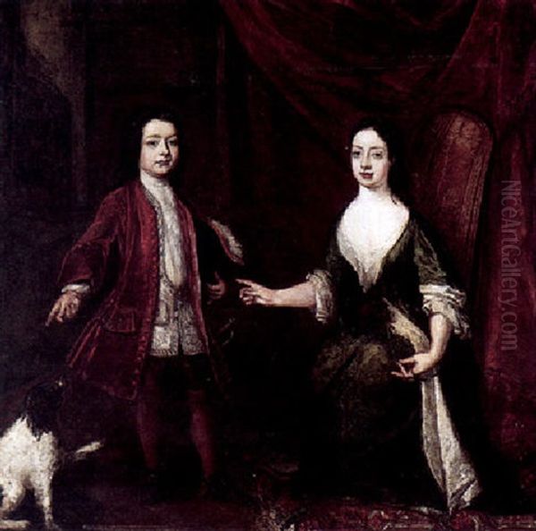 Portrait Of Simon And Mary Welman, Of Poundisford Park, In An Interior Oil Painting by Edward Byng