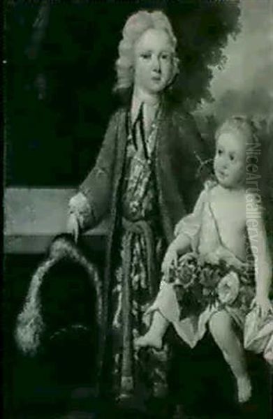 Portrait Of A Young Boy, Standing Full Length In A Red Coat,and Gold Embroidered Waistcoat, With His Younger Brother... Oil Painting by Edward Byng