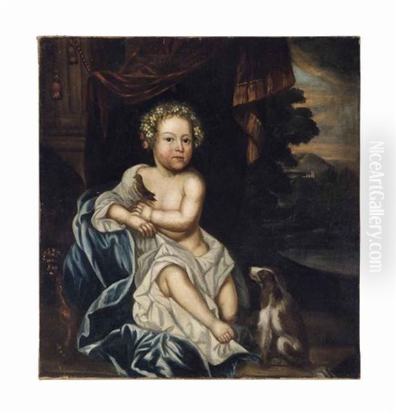 Portrait Of A Young Boy In A White And Blue Wrap, A Bird Resting On His Hand, A Spaniel At His Side, In A Landscape Oil Painting by Robert Byng