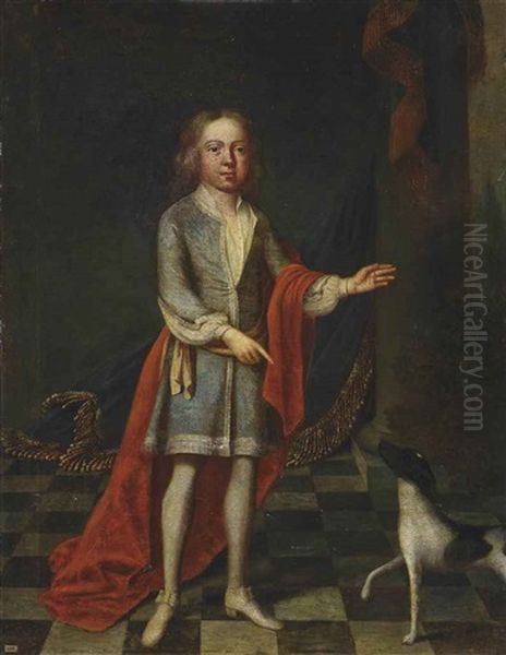 Portrait Of A Young Boy, Full-length, In A Blue Coat And Red Wrap, With A Spaniel, In An Interior Oil Painting by Robert Byng