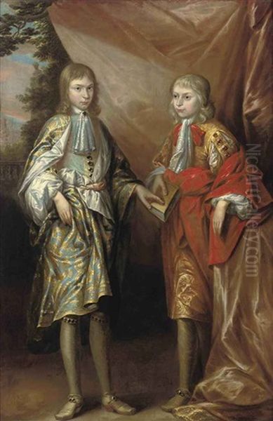 Portrait Of Two Boys One Holding A Book, In A Garden Oil Painting by Robert Byng