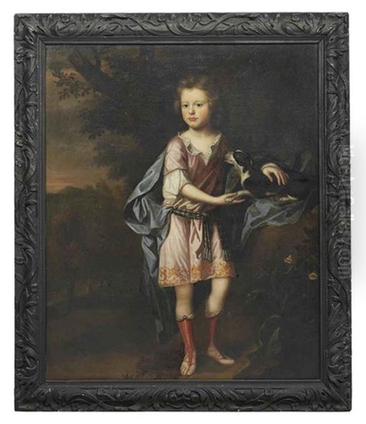 Portrait Of A Young Boy, In Classical Costume, A Spaniel At His Side, In A Landscape Oil Painting by Robert Byng