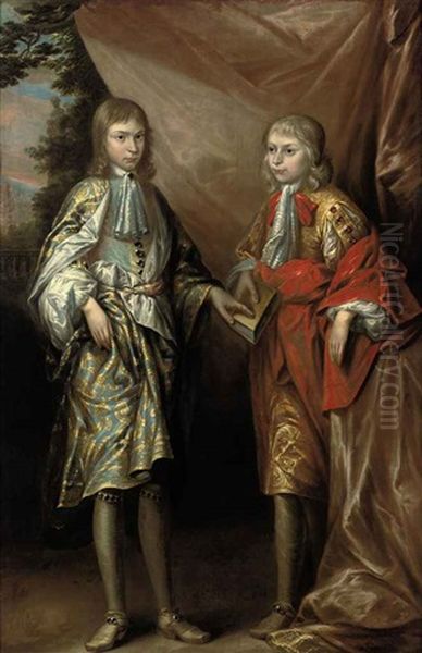 Portrait Of Two Boys One Holding A Book, In A Garden Oil Painting by Robert Byng