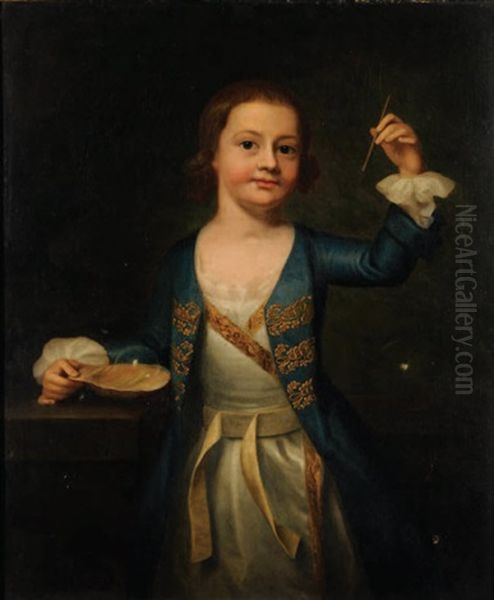 Boy In Blue Blowing Bubbles Oil Painting by Robert Byng