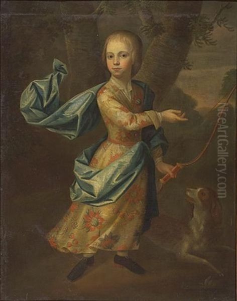 A Portrait Of A Boy, Full-length, Wearing An Embroidered Coat Holding A Bow With His Dog By His Side Oil Painting by Robert Byng