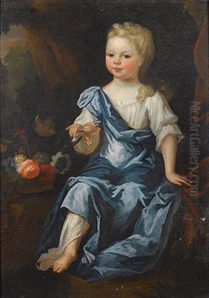 Portrait Of A Young Girl In A White Chemise And A Blue Wrap, With A Basket Of Flowers Oil Painting by Robert Byng