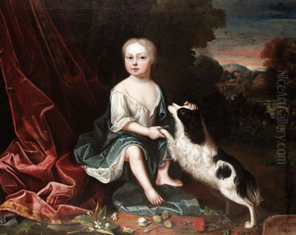 A Young Boy With His Spaniel (a Member Of The Norreys Bertie Family?) Oil Painting by Robert Byng