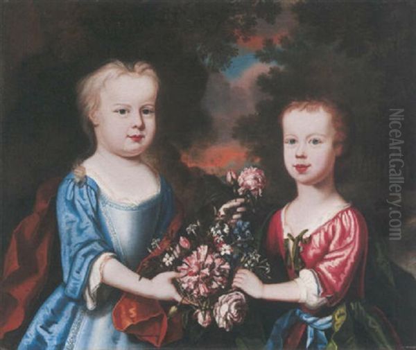 Portrait Of Two Children With Flowers In A Landscape, One Wearing A Red Dress, The Other A Blue Dress, Both Holding A Garland Of Flowers Oil Painting by Robert Byng