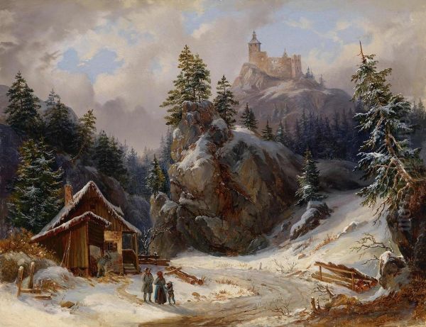 Encounterin A Winter Landscape Beneath The Ruins Of A Castle Oil Painting by Joseph Altenkopf