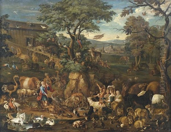 Die Arche Noah. Versammlung Der Tiere Vor Der Arche Und Vor Weitem Landschaftshintergrund Oil Painting by Johann Rudolf Byss