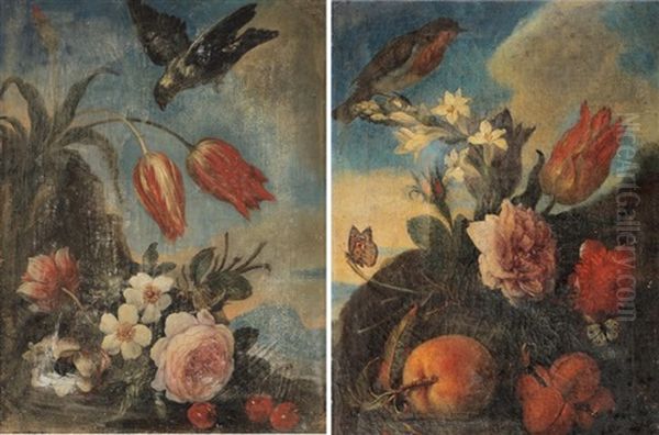 Fleurs, Cerises Et Oiseau Dans Un Paysage (+ Fleurs, Peches, Abricots Animes De Papillons Et D'un Oiseau Dans Un Paysage; Pair) Oil Painting by Johann Rudolf Byss