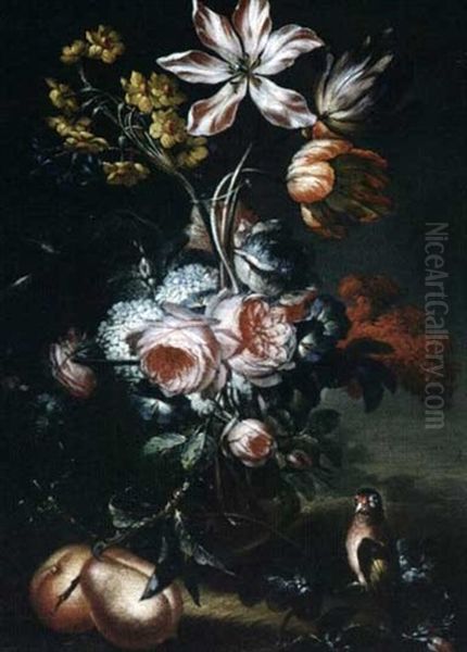 Bouquet De Fleurs Avec Un Bouvreuil Oil Painting by Johann Rudolf Byss