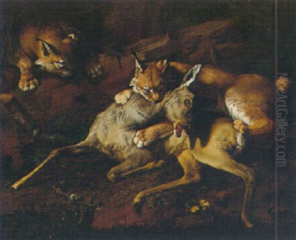 A Hunting Scene With Lynxes Attacking A Roe Deer Oil Painting by Johann Rudolf Byss