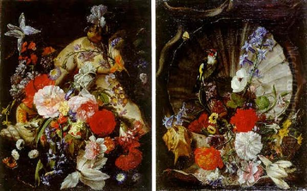 Grosse Jacobsmuschel Mit Blumen Und Fink Oil Painting by Johann Rudolf Byss