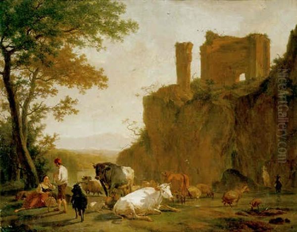 A Pastoral Landscape With A Cowherd And Shepherdess Resting Their Livestock Beside A River By A Ruined Castle On An Outcrop Oil Painting by Johann Rudolf Byss