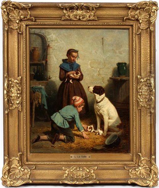 Children With Mother Dog & Pups Oil Painting by Louis Simon Cabaillot Lassalle