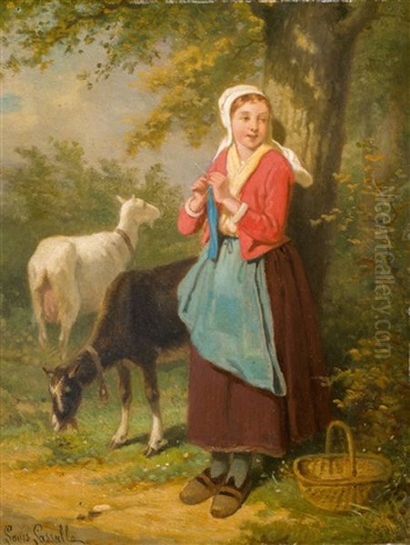 Jeune Paysanne Avec Deux Chevres Oil Painting by Louis Simon Cabaillot Lassalle