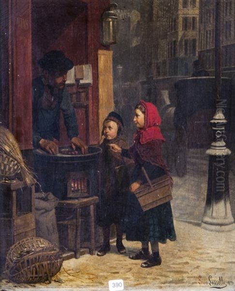 Paris, Le Marchand De Marrons Grilles Et Deux Enfants Oil Painting by Louis Simon Cabaillot Lassalle