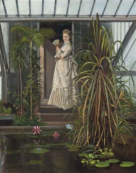 A Lady Admiring A Lily Pond Oil Painting by Louis Simon Cabaillot Lassalle