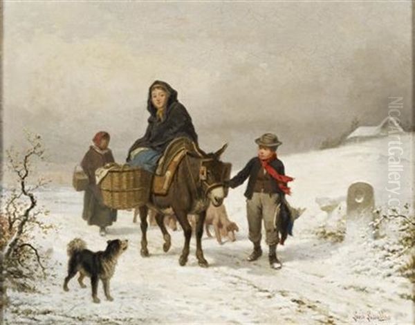 Donkey Ride In The Snow Oil Painting by Louis Simon Cabaillot Lassalle