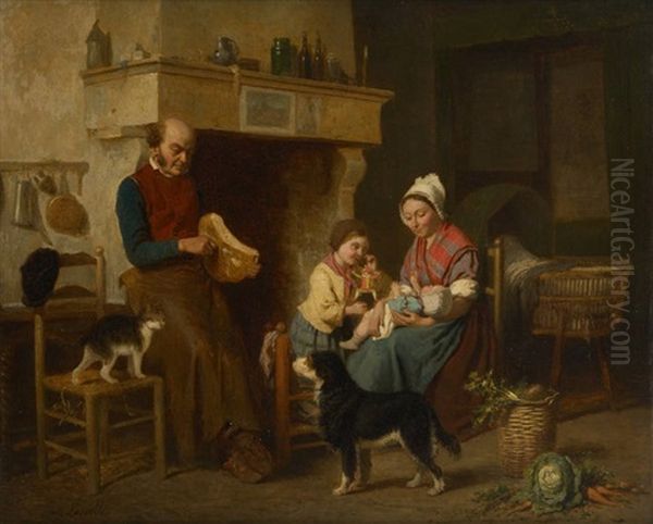 Scene De Famille Avec Chien Et Chat Oil Painting by Louis Simon Cabaillot Lassalle