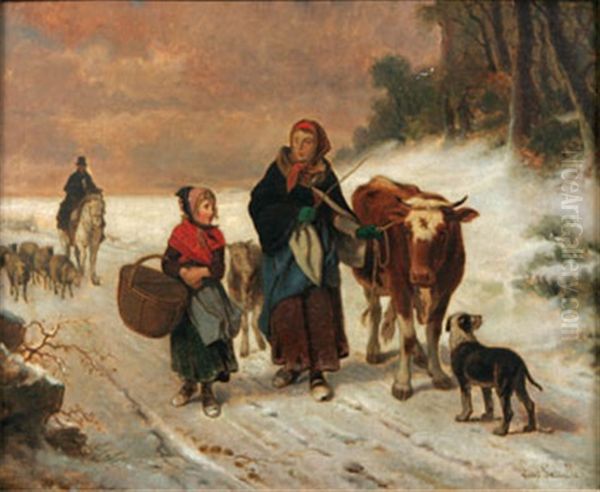 Familj Med Boskap I Vinterlandskap Oil Painting by Louis Simon Cabaillot Lassalle