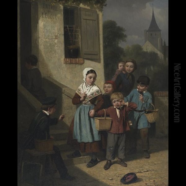 Unwillingly To School Oil Painting by Louis Simon Cabaillot Lassalle