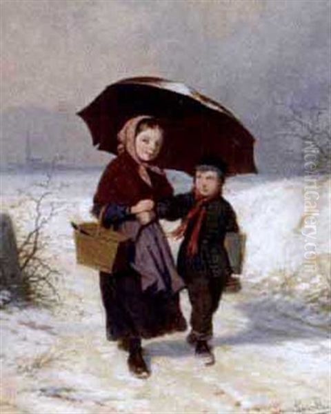 Back From School On A Winter's Day Oil Painting by Louis Simon Cabaillot Lassalle