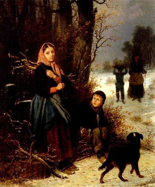 Young Wood Gatherers, Winter Oil Painting by Louis Simon Cabaillot Lassalle