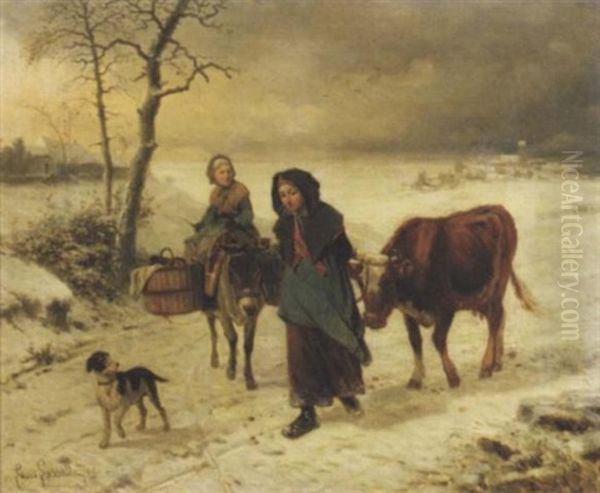 Farmgirls On A Path In Winter Oil Painting by Louis Simon Cabaillot Lassalle