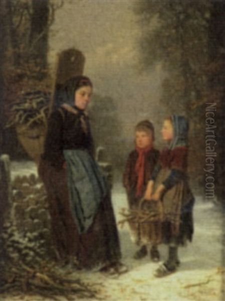 Wood Gatherers In The Winter Oil Painting by Louis Simon Cabaillot Lassalle