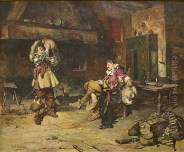 Cavaliers At Tavern Oil Painting by Maximo Juderias Caballero