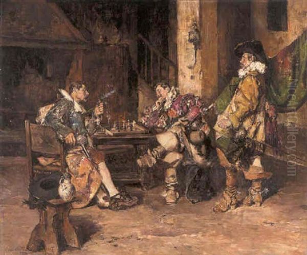 A Game Of Chess Oil Painting by Maximo Juderias Caballero