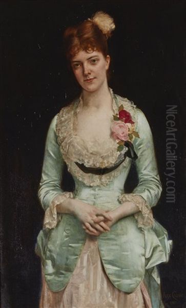 Portrait Of Miss Matthews, In Green Silk Satin And Lace Gown Oil Painting by Alexandre Cabanel