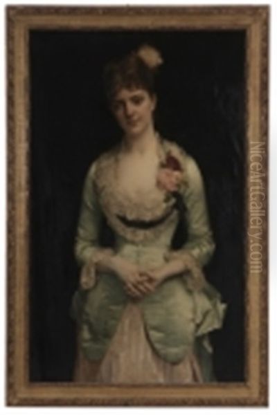 Portrait Of Miss Matthews, In Green Silk Satin And Lace Gown Oil Painting by Alexandre Cabanel