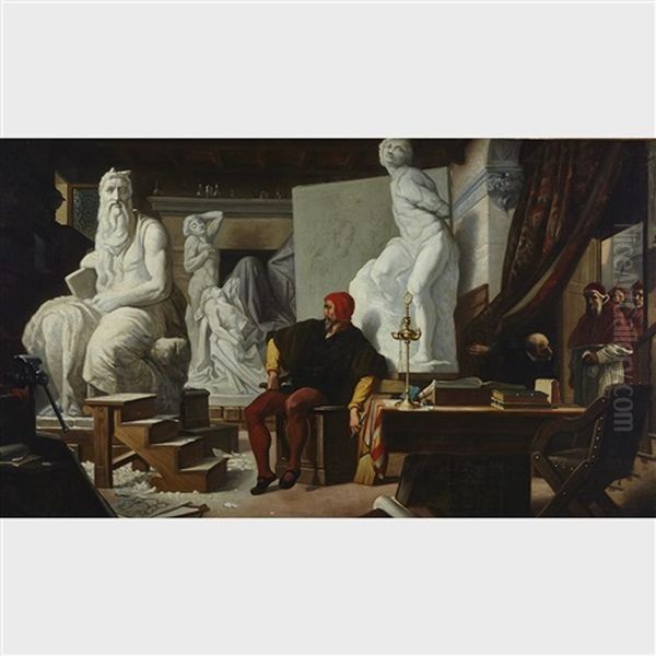 Michaelangelo In His Studio, Visited By Pope Julius Ii Oil Painting by Alexandre Cabanel