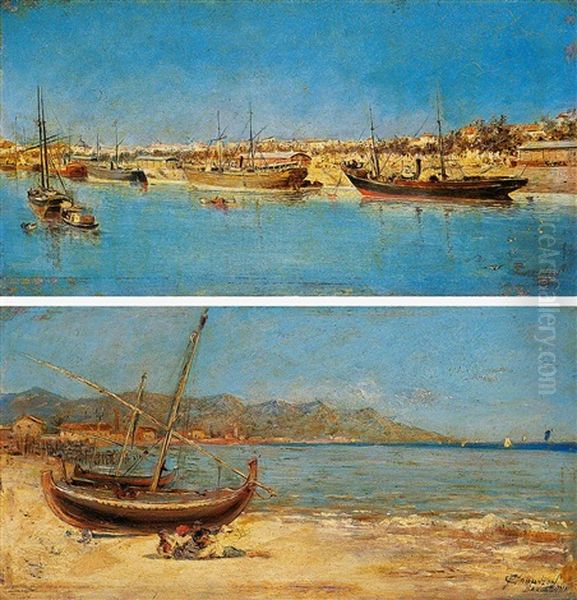 Barcos En Un Puerto (+ Jovenes En La Playa De Barcelona; Pair) Oil Painting by Francisco Cabanzon Hernandez