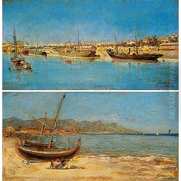 Barcos En Un Puerto (+ Jovenes En La Playa De Barcelona; Pair) Oil Painting by Francisco Cabanzon Hernandez