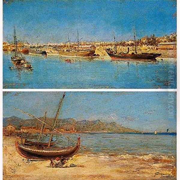 Barcos En Un Puerto (+ Jovenes En La Playa De Barcelona; Pair) Oil Painting by Francisco Cabanzon Hernandez