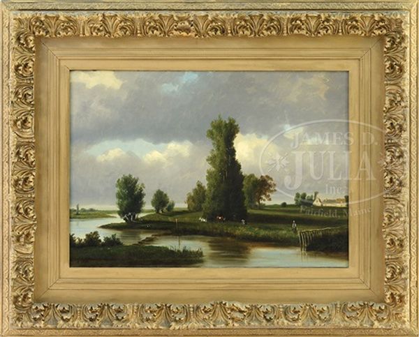 Barbizon Landscape With Figures By A River Oil Painting by Nicolas Louis Cabat