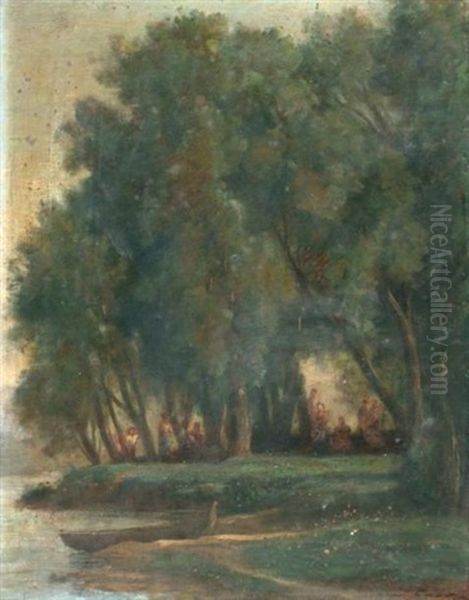 Scene Champetre Dans Un Sous-bois Au Bord D'une Riviere Oil Painting by Nicolas Louis Cabat