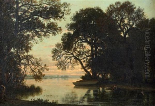 Lavandiere Au Bord D'un Etang Oil Painting by Nicolas Louis Cabat