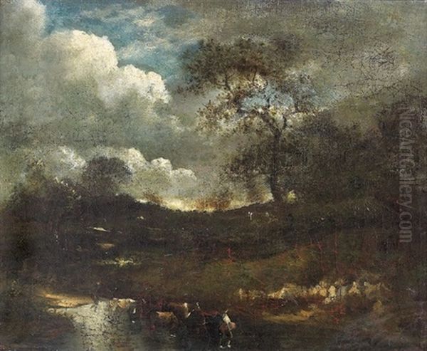 Abendliche Partie Am Fluss Oil Painting by Nicolas Louis Cabat