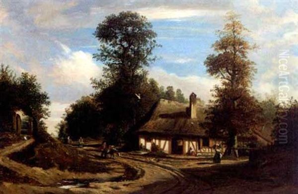 Travellers At A Cottage On A Country Track Oil Painting by Nicolas Louis Cabat